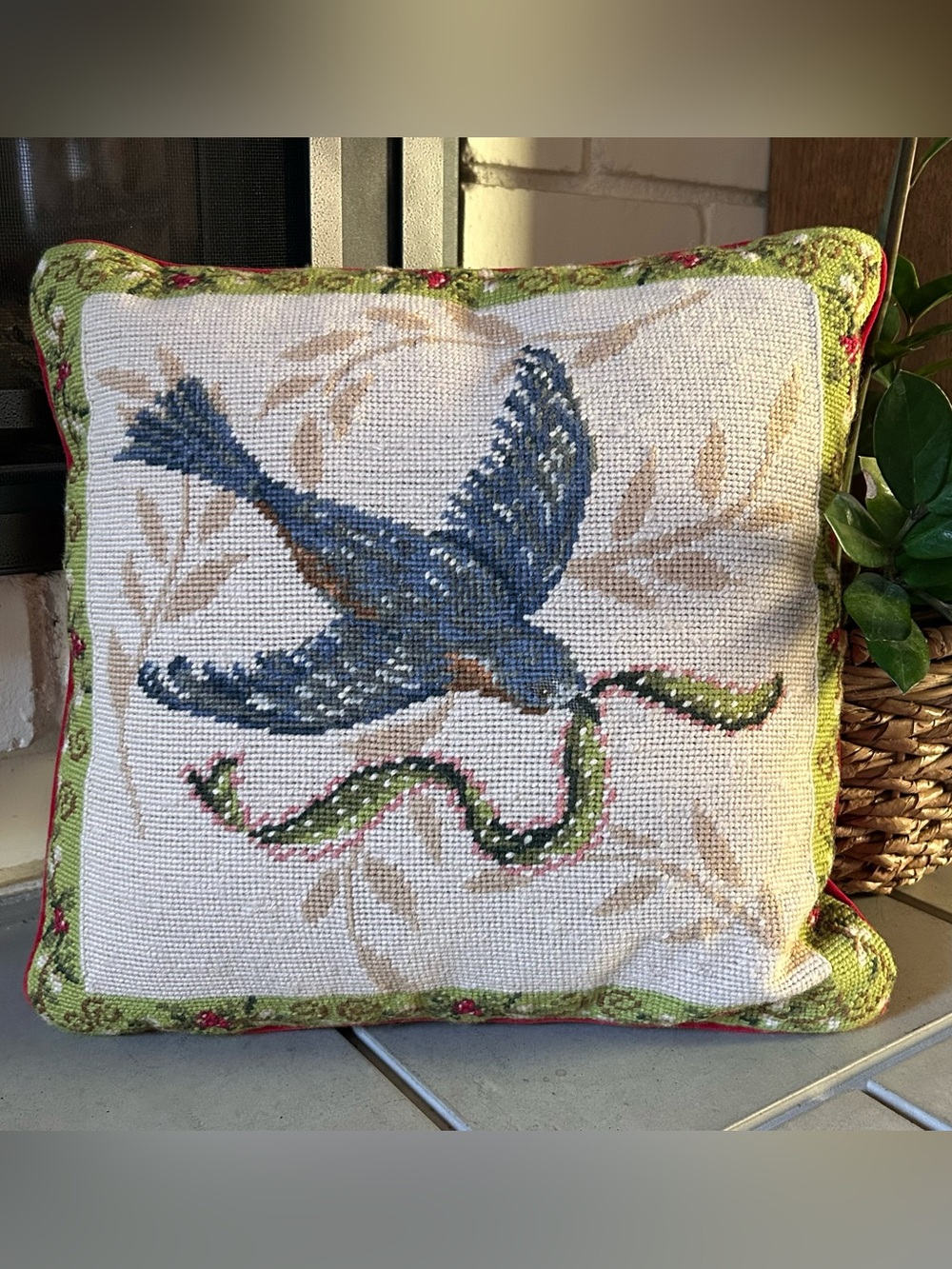 Wool Needlepoint Throw Pillow with Bird & Vine Christmas